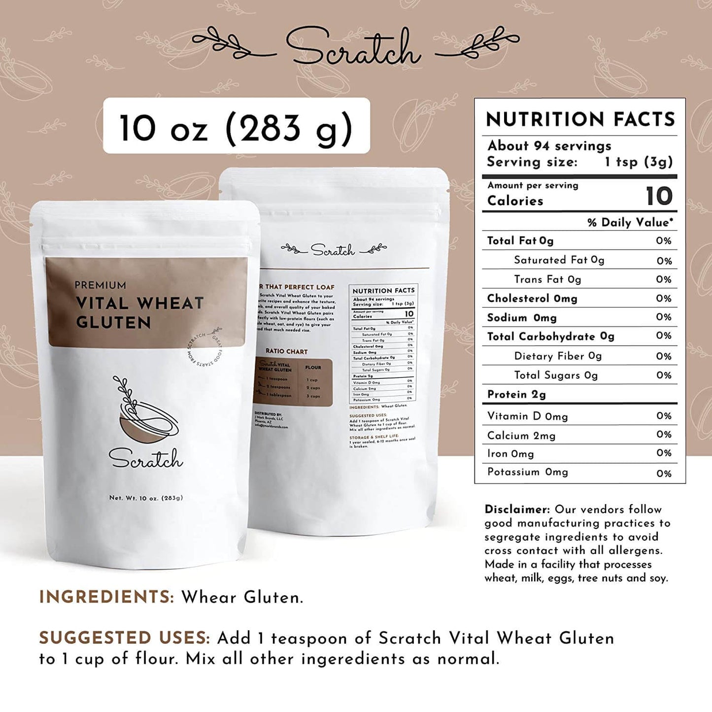  Scratch Premium Vital Wheat Gluten - 10 oz - Nutritional Facts