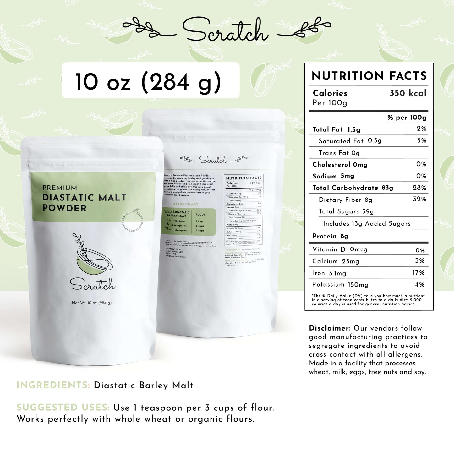Scratch Diastatic Malt Powder for Baking - 10 oz - Nutrition Facts